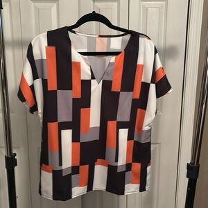 Color Block Notch Neck Blouse/ Casual Short Sleeve Top/ Never Worn